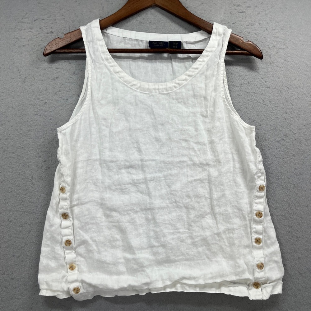 Rachel Rachel Roy Tank Top Womens Medium White 100% Linen Side Button Casual
